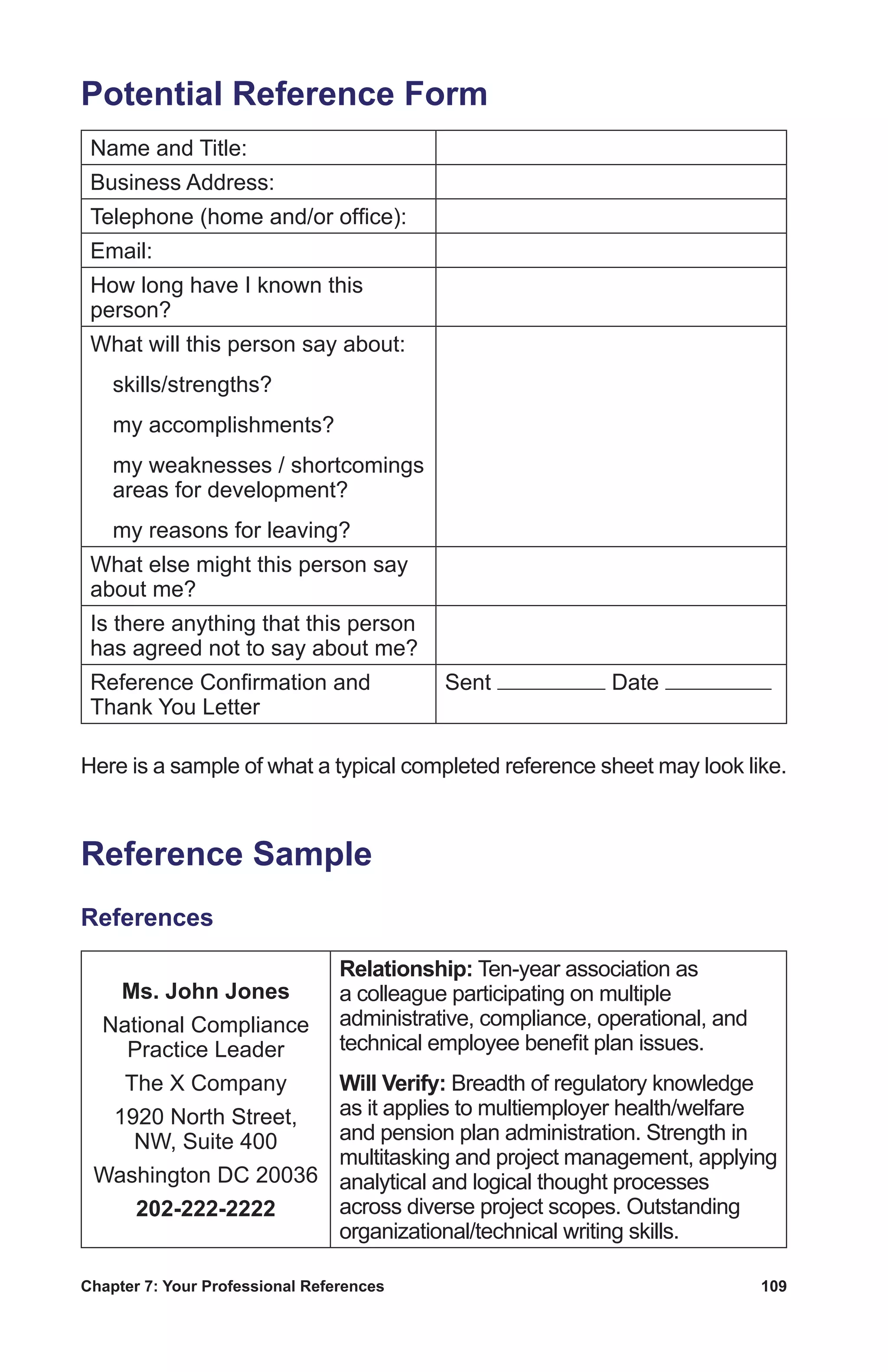 Chapter 7: Your Professional References	 109
Potential Reference Form
Name and Title:
Business Address:
Telephone (home and/or office):
Email:
How long have I known this
person?
What will this person say about:
 skills/strengths?
  my accomplishments?
 my weaknesses / shortcomings
areas for development?
  my reasons for leaving?
What else might this person say
about me?
Is there anything that this person
has agreed not to say about me?
Reference Confirmation and
Thank You Letter
Sent Date
Here is a sample of what a typical completed reference sheet may look like.
Reference Sample
References
Ms. John Jones
National Compliance
Practice Leader
The X Company
1920 North Street,
NW, Suite 400
Washington DC 20036
202-222-2222
Relationship: Ten-year association as
a colleague participating on multiple
administrative, compliance, operational, and
technical employee benefit plan issues.
Will Verify: Breadth of regulatory knowledge
as it applies to multiemployer health/welfare
and pension plan administration. Strength in
multitasking and project management, applying
analytical and logical thought processes
across diverse project scopes. Outstanding
organizational/technical writing skills.
 