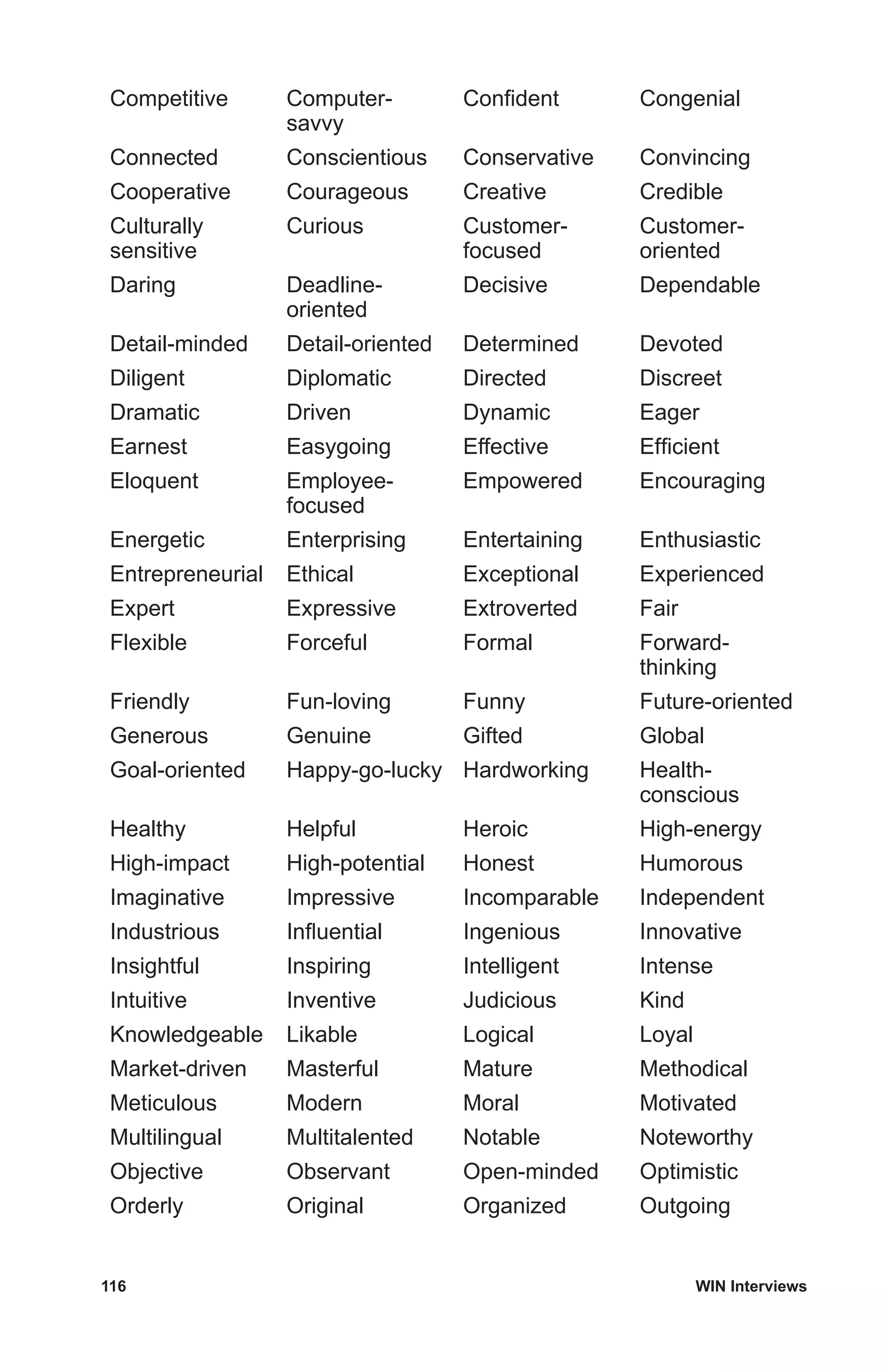 116	 WIN Interviews
Competitive Computer-
savvy
Confident Congenial
Connected Conscientious Conservative Convincing
Cooperative Courageous Creative Credible
Culturally
sensitive
Curious Customer-
focused
Customer-
oriented
Daring Deadline-
oriented
Decisive Dependable
Detail-minded Detail-oriented Determined Devoted
Diligent Diplomatic Directed Discreet
Dramatic Driven Dynamic Eager
Earnest Easygoing Effective Efficient
Eloquent Employee-
focused
Empowered Encouraging
Energetic Enterprising Entertaining Enthusiastic
Entrepreneurial Ethical Exceptional Experienced
Expert Expressive Extroverted Fair
Flexible Forceful Formal Forward-
thinking
Friendly Fun-loving Funny Future-oriented
Generous Genuine Gifted Global
Goal-oriented Happy-go-lucky Hardworking Health-
conscious
Healthy Helpful Heroic High-energy
High-impact High-potential Honest Humorous
Imaginative Impressive Incomparable Independent
Industrious Influential Ingenious Innovative
Insightful Inspiring Intelligent Intense
Intuitive Inventive Judicious Kind
Knowledgeable Likable Logical Loyal
Market-driven Masterful Mature Methodical
Meticulous Modern Moral Motivated
Multilingual Multitalented Notable Noteworthy
Objective Observant Open-minded Optimistic
Orderly Original Organized Outgoing
 