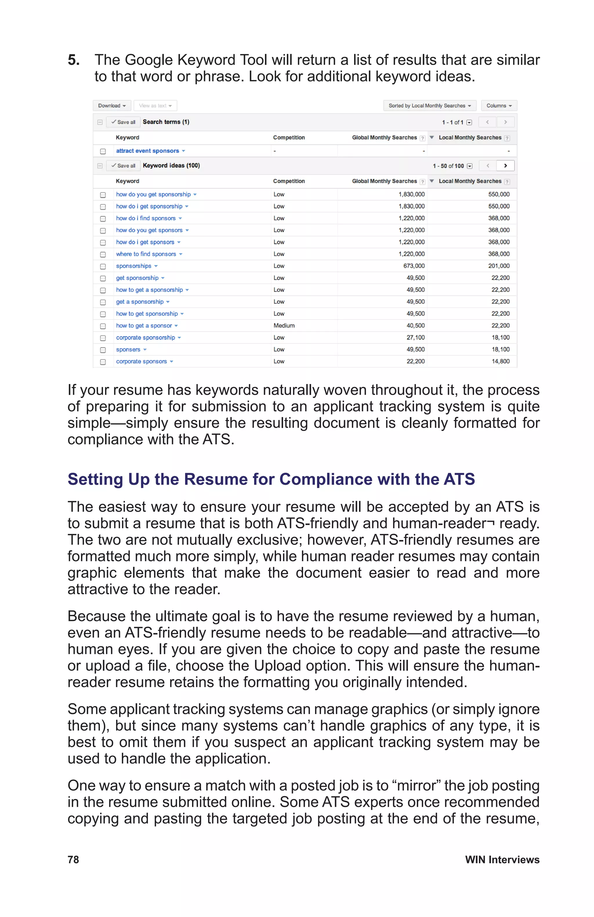 78	 WIN Interviews
5.	 The Google Keyword Tool will return a list of results that are similar
to that word or phrase. Look for additional keyword ideas.
If your resume has keywords naturally woven throughout it, the process
of preparing it for submission to an applicant tracking system is quite
simple—simply ensure the resulting document is cleanly formatted for
compliance with the ATS.
Setting Up the Resume for Compliance with the ATS
The easiest way to ensure your resume will be accepted by an ATS is
to submit a resume that is both ATS-friendly and human-reader¬ ready.
The two are not mutually exclusive; however, ATS-friendly resumes are
formatted much more simply, while human reader resumes may contain
graphic elements that make the document easier to read and more
attractive to the reader.
Because the ultimate goal is to have the resume reviewed by a human,
even an ATS-friendly resume needs to be readable—and attractive—to
human eyes. If you are given the choice to copy and paste the resume
or upload a file, choose the Upload option. This will ensure the human-
reader resume retains the formatting you originally intended.
Some applicant tracking systems can manage graphics (or simply ignore
them), but since many systems can’t handle graphics of any type, it is
best to omit them if you suspect an applicant tracking system may be
used to handle the application.
One way to ensure a match with a posted job is to “mirror” the job posting
in the resume submitted online. Some ATS experts once recommended
copying and pasting the targeted job posting at the end of the resume,
 