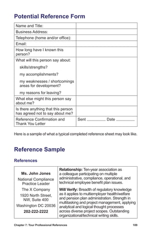 Chapter 7: Your Professional References	 109
Potential Reference Form
Name and Title:
Business Address:
Telephone (home and/or office):
Email:
How long have I known this
person?
What will this person say about:
 skills/strengths?
  my accomplishments?
 my weaknesses / shortcomings
areas for development?
  my reasons for leaving?
What else might this person say
about me?
Is there anything that this person
has agreed not to say about me?
Reference Confirmation and
Thank You Letter
Sent Date
Here is a sample of what a typical completed reference sheet may look like.
Reference Sample
References
Ms. John Jones
National Compliance
Practice Leader
The X Company
1920 North Street,
NW, Suite 400
Washington DC 20036
202-222-2222
Relationship: Ten-year association as
a colleague participating on multiple
administrative, compliance, operational, and
technical employee benefit plan issues.
Will Verify: Breadth of regulatory knowledge
as it applies to multiemployer health/welfare
and pension plan administration. Strength in
multitasking and project management, applying
analytical and logical thought processes
across diverse project scopes. Outstanding
organizational/technical writing skills.
 