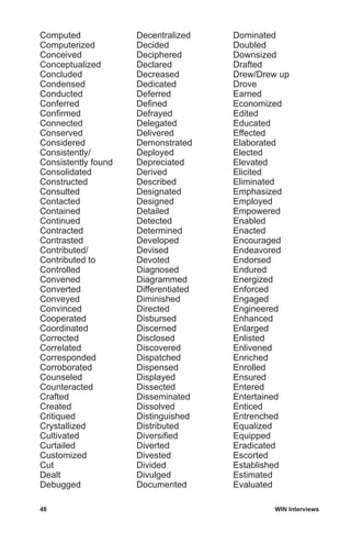 48	 WIN Interviews
Computed
Computerized
Conceived
Conceptualized
Concluded
Condensed
Conducted
Conferred
Confirmed
Connected
Conserved
Considered
Consistently/
Consistently found
Consolidated
Constructed
Consulted
Contacted
Contained
Continued
Contracted
Contrasted
Contributed/
Contributed to
Controlled
Convened
Converted
Conveyed
Convinced
Cooperated
Coordinated
Corrected
Correlated
Corresponded
Corroborated
Counseled
Counteracted
Crafted
Created
Critiqued
Crystallized
Cultivated
Curtailed
Customized
Cut
Dealt
Debugged
Decentralized
Decided
Deciphered
Declared
Decreased
Dedicated
Deferred
Defined
Defrayed
Delegated
Delivered
Demonstrated
Deployed
Depreciated
Derived
Described
Designated
Designed
Detailed
Detected
Determined
Developed
Devised
Devoted
Diagnosed
Diagrammed
Differentiated
Diminished
Directed
Disbursed
Discerned
Disclosed
Discovered
Dispatched
Dispensed
Displayed
Dissected
Disseminated
Dissolved
Distinguished
Distributed
Diversified
Diverted
Divested
Divided
Divulged
Documented
Dominated
Doubled
Downsized
Drafted
Drew/Drew up
Drove
Earned
Economized
Edited
Educated
Effected
Elaborated
Elected
Elevated
Elicited
Eliminated
Emphasized
Employed
Empowered
Enabled
Enacted
Encouraged
Endeavored
Endorsed
Endured
Energized
Enforced
Engaged
Engineered
Enhanced
Enlarged
Enlisted
Enlivened
Enriched
Enrolled
Ensured
Entered
Entertained
Enticed
Entrenched
Equalized
Equipped
Eradicated
Escorted
Established
Estimated
Evaluated
 