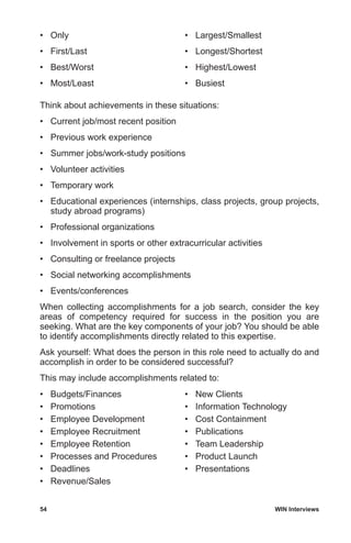 54	 WIN Interviews
•	 Only
•	 First/Last
• 	 Best/Worst
• 	 Most/Least
• 	 Largest/Smallest
• 	 Longest/Shortest
• 	 Highest/Lowest
• 	 Busiest
Think about achievements in these situations:
• 	 Current job/most recent position
• 	 Previous work experience
• 	 Summer jobs/work-study positions
• 	 Volunteer activities
• 	 Temporary work
• 	 Educational experiences (internships, class projects, group projects,
study abroad programs)
• 	 Professional organizations
• 	 Involvement in sports or other extracurricular activities
• 	 Consulting or freelance projects
• 	 Social networking accomplishments
• 	 Events/conferences
When collecting accomplishments for a job search, consider the key
areas of competency required for success in the position you are
seeking. What are the key components of your job? You should be able
to identify accomplishments directly related to this expertise.
Ask yourself: What does the person in this role need to actually do and
accomplish in order to be considered successful?
This may include accomplishments related to:
• 	 Budgets/Finances
• 	 Promotions
• 	 Employee Development
• 	 Employee Recruitment
• 	 Employee Retention
• 	 Processes and Procedures
• 	 Deadlines
• 	 Revenue/Sales
• 	 New Clients
• 	 Information Technology
• 	 Cost Containment
• 	 Publications
• 	 Team Leadership
• 	 Product Launch
• 	 Presentations
 
