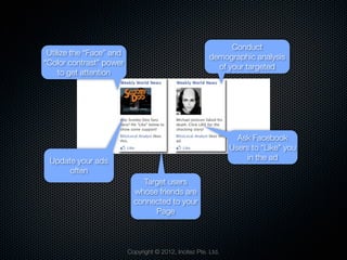 Conduct
 Utilize the “Face” and                                  demographic analysis
“Color contrast” power                                     of your targeted
     to get attention




                                                                  Ask Facebook
                                                                Users to “Like” you
 Update your ads                                                     in the ad
      often
                              Target users
                            whose friends are
                            connected to your
                                 Page



                          Copyright © 2012, Incitez Pte. Ltd.
 