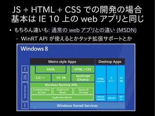JS + HTML + CSS での開発の場合
基本は IE 10 上の web アプリと同じ
●   もちろん違いも: 通常の web アプリとの違い (MSDN)
    –   WinRT API が使えるとかタッチ拡張サポートとか
 