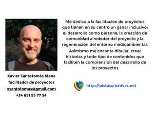 Xavier Santotomás Mena
facilitador de proyectos
xsantotomas@gmail.com
+34 651 55 77 54
Me dedico a la facilitación de proyectos
que tienen en su centro un ganar inclusivo:
el desarrollo como persona, la creación de
comunidad alrededor del proyecto y la
regeneración del entorno medioambiental.
Asimismo me encanta dibujar, crear
historias y todo tipo de contenidos que
faciliten la comprensión del desarrollo de
los proyectos
http://pistascreativas.net
 