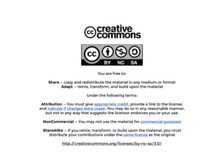You are free to:
Share — copy and redistribute the material in any medium or format
Adapt — remix, transform, and build upon the material
Under the following terms:
Attribution — You must give appropriate credit, provide a link to the license,
and indicate if changes were made. You may do so in any reasonable manner,
but not in any way that suggests the licensor endorses you or your use.
NonCommercial — You may not use the material for commercial purposes
ShareAlike — If you remix, transform, or build upon the material, you must
distribute your contributions under the same license as the original
http://creativecommons.org/licenses/by-nc-sa/3.0/
 