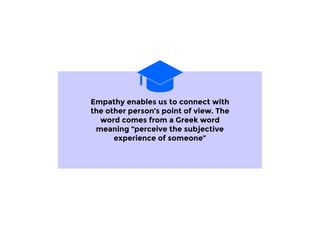 Empathy enables us to connect with
the other person’s point of view. The
word comes from a Greek word
meaning “perceive the subjective
experience of someone”
 