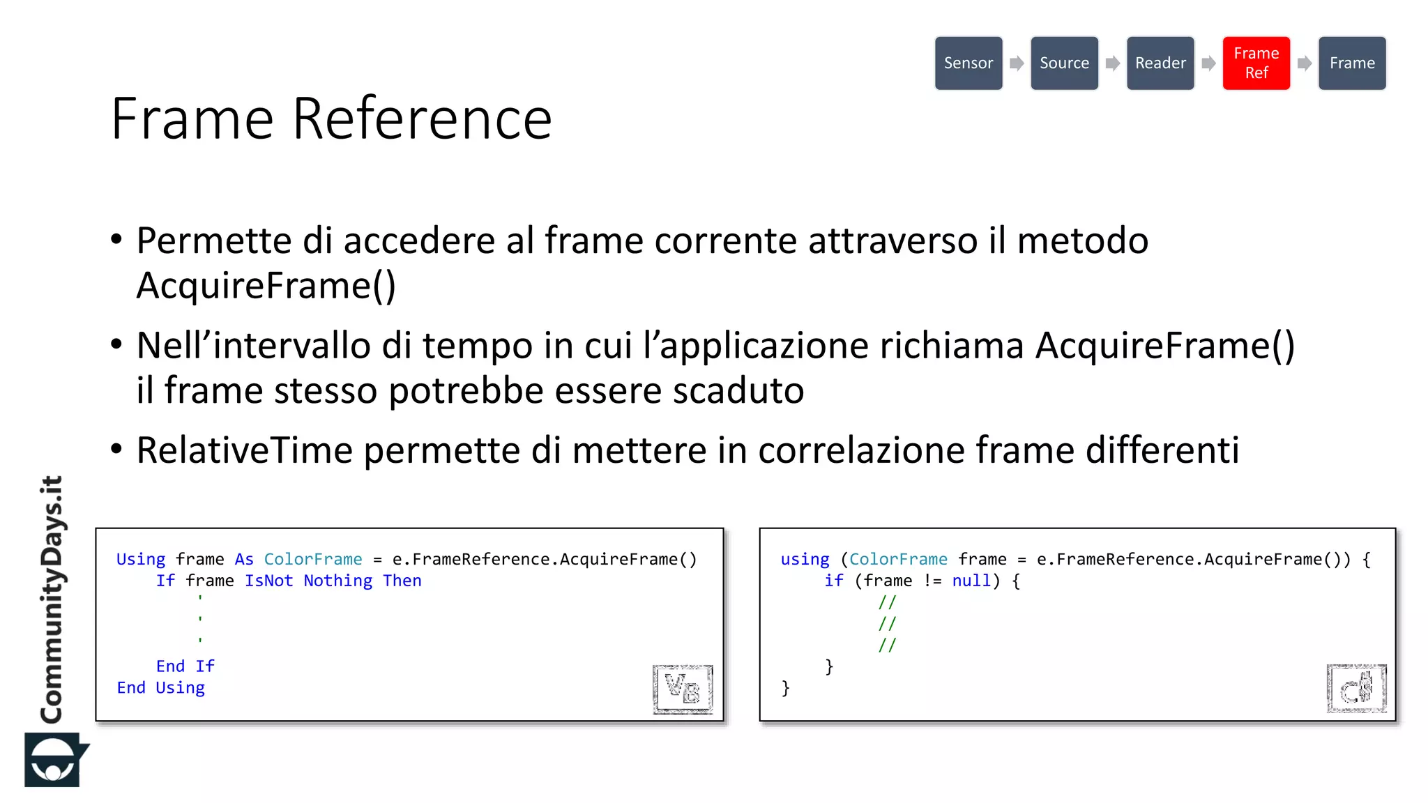 #CDays14 – Milano 25, 26 e 27 Febbraio 2014
Frame Reference
• Permette di accedere al frame corrente attraverso il metodo
AcquireFrame()
• Nell’intervallo di tempo in cui l’applicazione richiama AcquireFrame()
il frame stesso potrebbe essere scaduto
• RelativeTime permette di mettere in correlazione frame differenti
Sensor Source Reader
Frame
Ref
Frame
using (ColorFrame frame = e.FrameReference.AcquireFrame()) {
if (frame != null) {
//
//
//
}
}
Using frame As ColorFrame = e.FrameReference.AcquireFrame()
If frame IsNot Nothing Then
'
'
'
End If
End Using
 