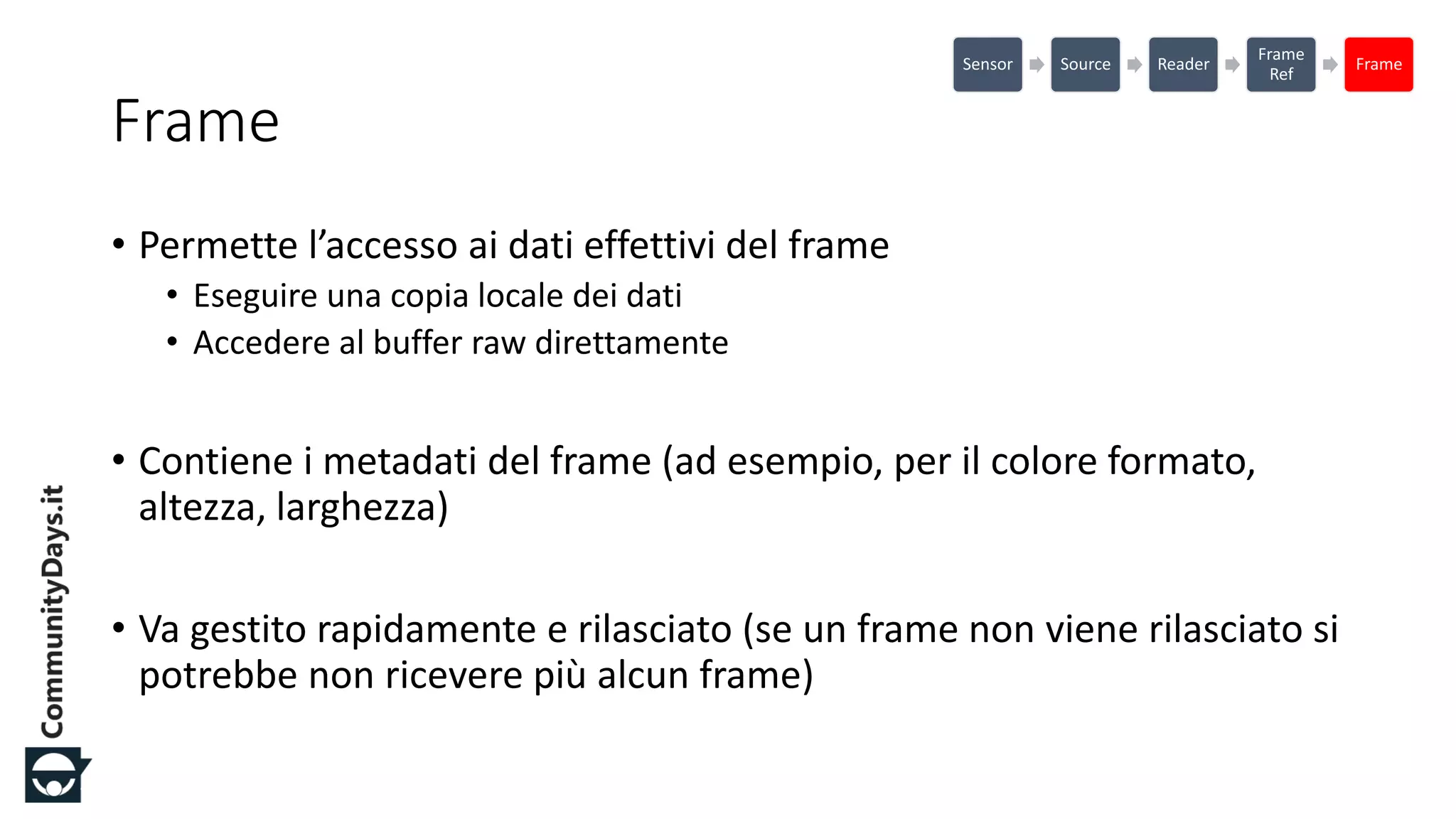 #CDays14 – Milano 25, 26 e 27 Febbraio 2014
Frame
• Permette l’accesso ai dati effettivi del frame
• Eseguire una copia locale dei dati
• Accedere al buffer raw direttamente
• Contiene i metadati del frame (ad esempio, per il colore formato,
altezza, larghezza)
• Va gestito rapidamente e rilasciato (se un frame non viene rilasciato si
potrebbe non ricevere più alcun frame)
Sensor Source Reader
Frame
Ref
Frame
 