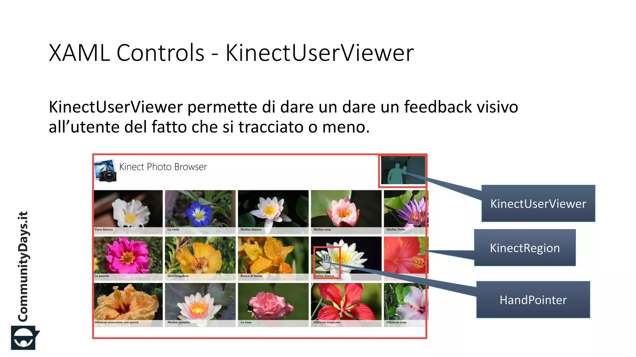 #CDays14 – Milano 25, 26 e 27 Febbraio 2014
XAML Controls - KinectUserViewer
KinectUserViewer permette di dare un dare un feedback visivo
all’utente del fatto che si tracciato o meno.
 