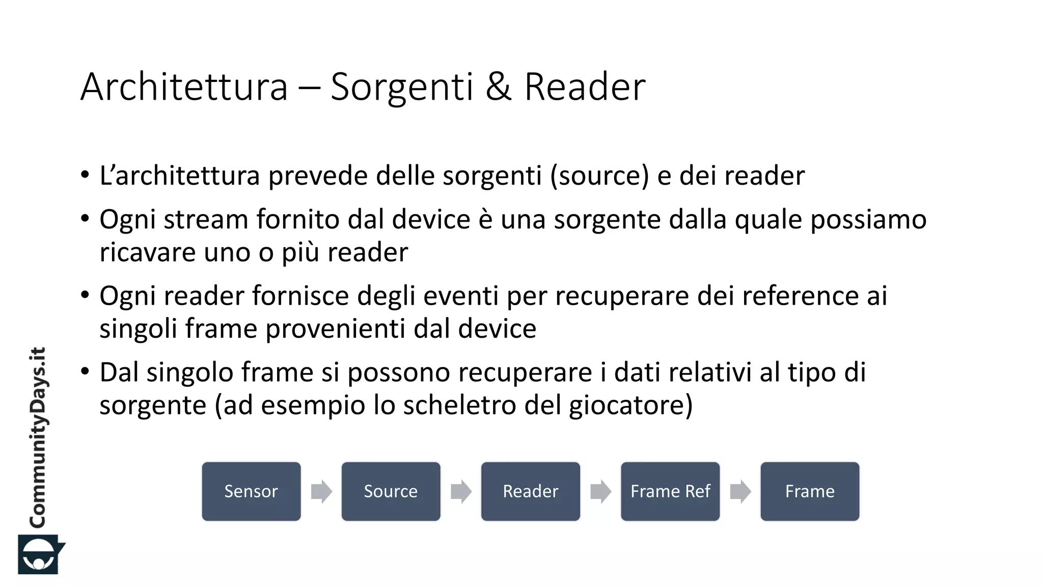 #CDays14 – Milano 25, 26 e 27 Febbraio 2014
Architettura – Sorgenti & Reader
• L’architettura prevede delle sorgenti (source) e dei reader
• Ogni stream fornito dal device è una sorgente dalla quale possiamo
ricavare uno o più reader
• Ogni reader fornisce degli eventi per recuperare dei reference ai
singoli frame provenienti dal device
• Dal singolo frame si possono recuperare i dati relativi al tipo di
sorgente (ad esempio lo scheletro del giocatore)
Sensor Source Reader Frame Ref Frame
 