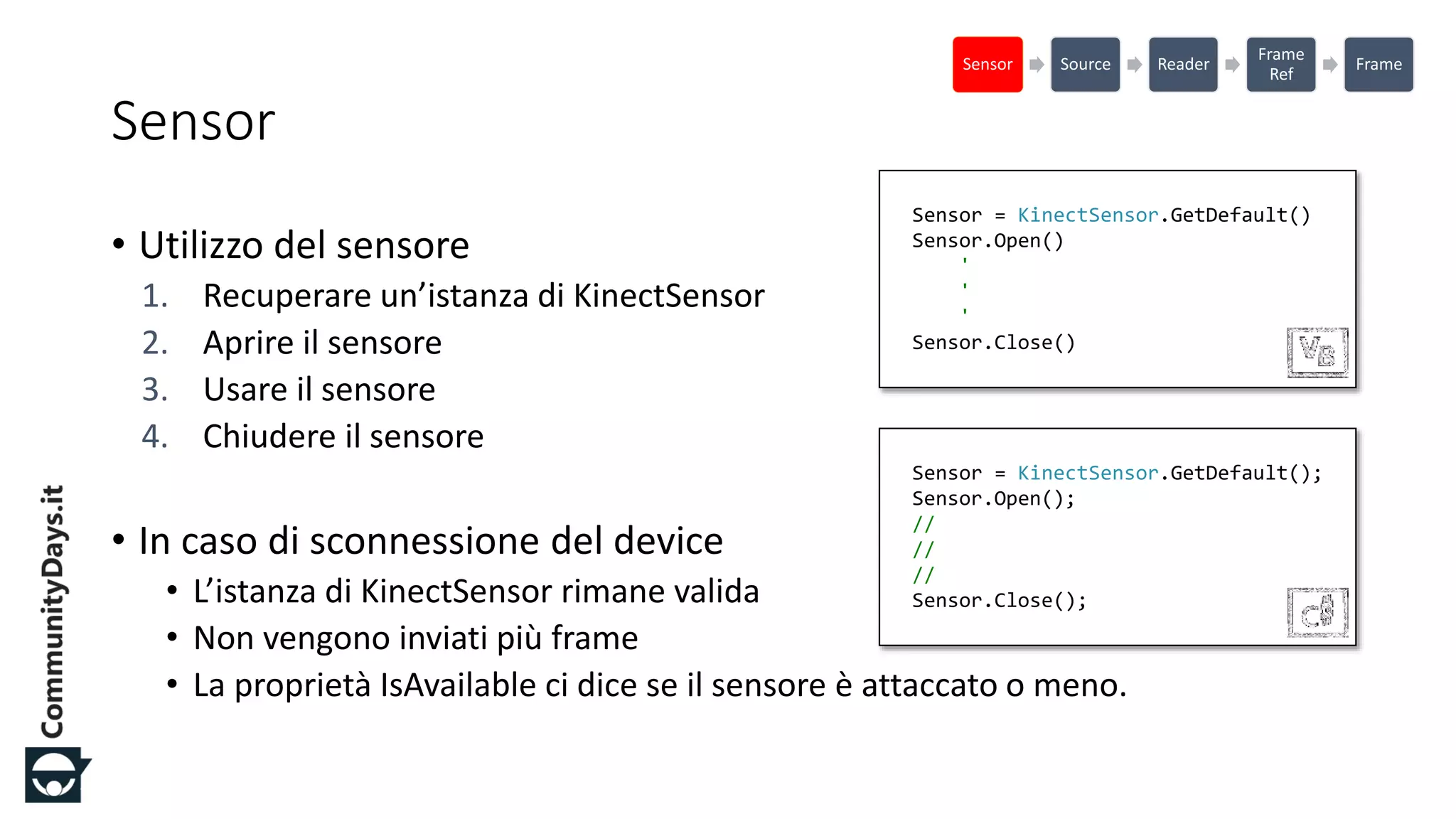 #CDays14 – Milano 25, 26 e 27 Febbraio 2014
Sensor
• Utilizzo del sensore
1. Recuperare un’istanza di KinectSensor
2. Aprire il sensore
3. Usare il sensore
4. Chiudere il sensore
• In caso di sconnessione del device
• L’istanza di KinectSensor rimane valida
• Non vengono inviati più frame
• La proprietà IsAvailable ci dice se il sensore è attaccato o meno.
Sensor = KinectSensor.GetDefault()
Sensor.Open()
'
'
'
Sensor.Close()
Sensor Source Reader
Frame
Ref
Frame
Sensor = KinectSensor.GetDefault();
Sensor.Open();
//
//
//
Sensor.Close();
 