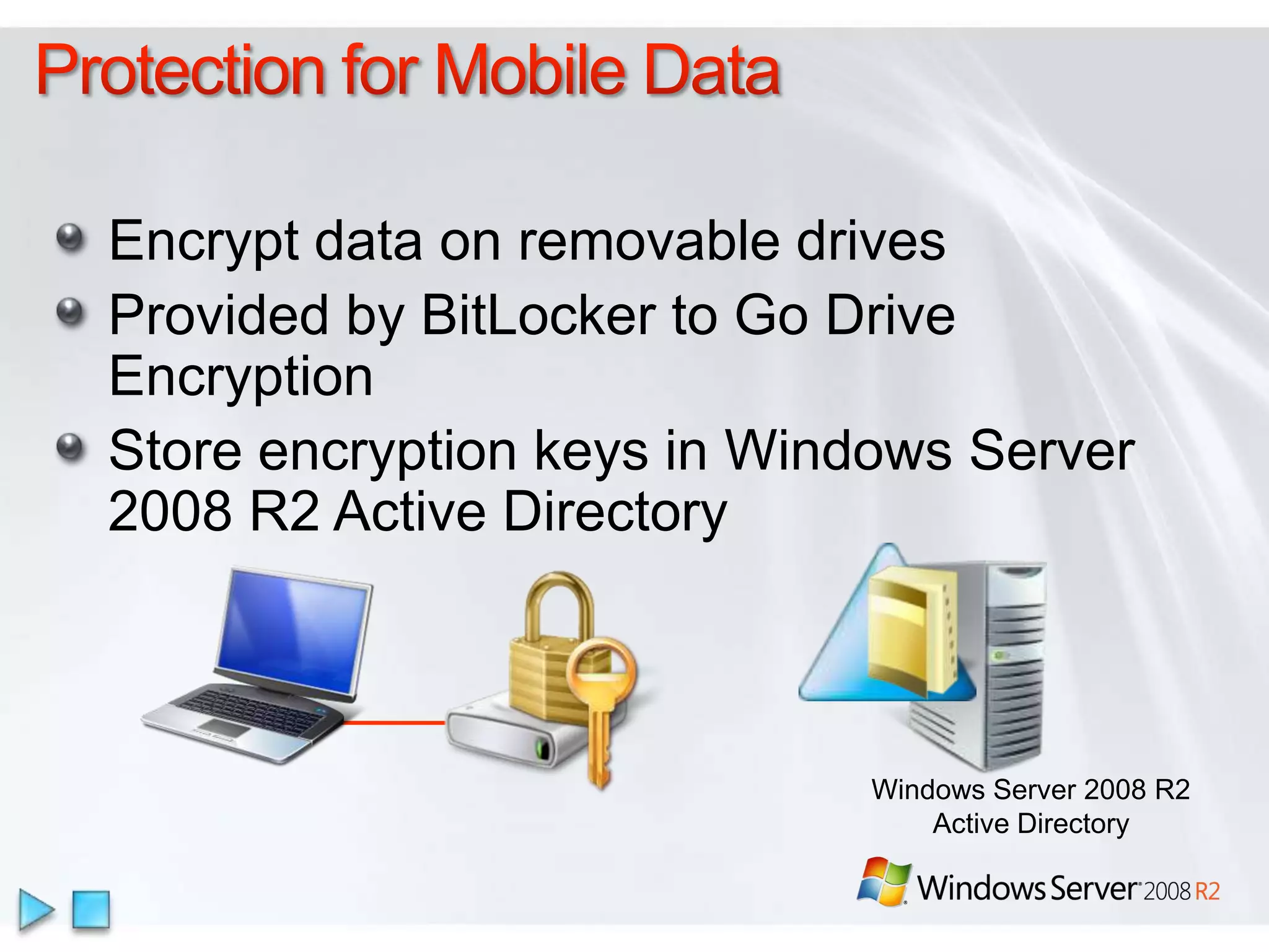 DirectAccessIPv4 DevicesIPv6 DevicesSupport IPv4 via 6to4 transition services or NAT-PTIT desktop managementDirectAccess provides transparent, secured access to intranet resources without a VPNNative IPv6 with IPSecAllows desktop management of DirectAccess clientsAD Group Policy, NAP, software updatesIPv6 Transition ServicesSupports direct connectivity to IPv6-based intranet resourcesDirectAccessServerInternetSupports variety of remote network protocolsAllows IPSec encryption and authenticationWindows 7 Client