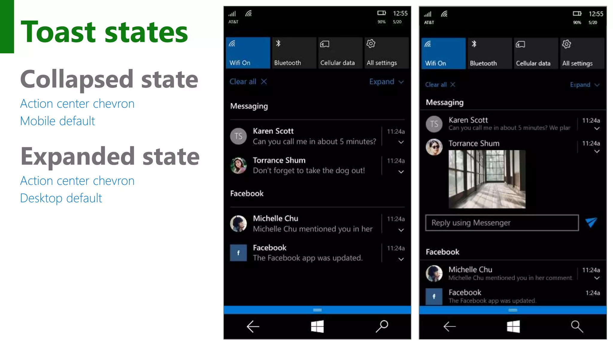 Toast states Collapsed state Action center chevron Mobile default Expanded state Action center chevron Desktop default 
