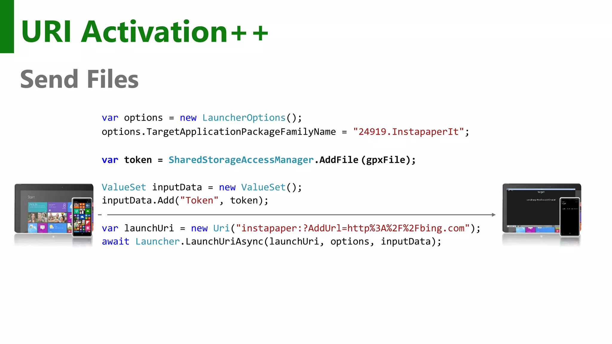 URI Activation++ Send Files var options = new LauncherOptions(); options.TargetApplicationPackageFamilyName = "24919.InstapaperIt"; var token = SharedStorageAccessManager.AddFile (gpxFile); ValueSet inputData = new ValueSet(); inputData.Add("Token", token); var launchUri = new Uri("instapaper:?AddUrl=http%3A%2F%2Fbing.com"); await Launcher.LaunchUriAsync(launchUri, options, inputData); 