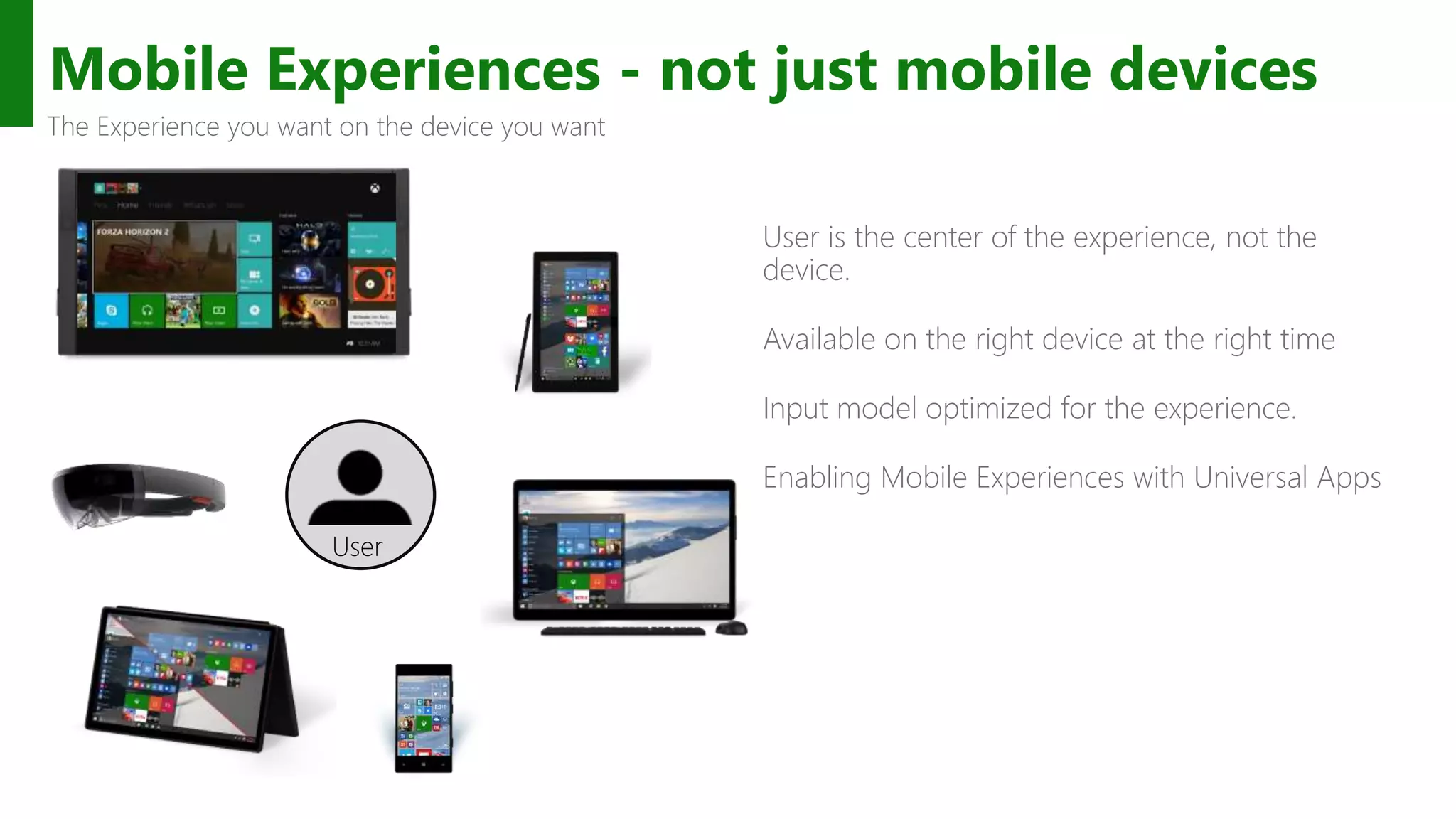 Mobile Experiences - not just mobile devices User is the center of the experience, not the device. Available on the right device at the right time Input model optimized for the experience. Enabling Mobile Experiences with Universal Apps The Experience you want on the device you want User 