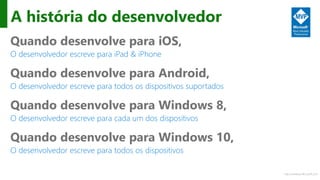 http://windows.Microsoft.com
A história do desenvolvedor
Quando desenvolve para iOS,
O desenvolvedor escreve para iPad & iPhone
Quando desenvolve para Android,
O desenvolvedor escreve para todos os dispositivos suportados
Quando desenvolve para Windows 8,
O desenvolvedor escreve para cada um dos dispositivos
Quando desenvolve para Windows 10,
O desenvolvedor escreve para todos os dispositivos
 