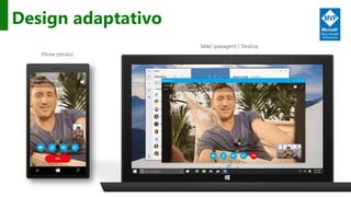 http://windows.Microsoft.com
Design adaptativo
Phone (retrato)
Tablet (paisagem) / Desktop
 