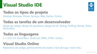 http://windows.Microsoft.com
Visual Studio IDE
Todos os tipos de projeto
Desktop, Windows, Phone, Serviços, Web, Games, Outros…
Todas as tarefas de um desenvolvedor
Edição de código, design de arquitetura, design de UX, Debug, Profiling, Review, Testes,
Muito Mais…
Todas as linguagens
C++/CX, C#, Visual Basic, JavaScript, XAML, HTML, Outras…
Visual Studio Online
Repositório de código, gerenciamento de projeto, track de bugs, muito mais…
 