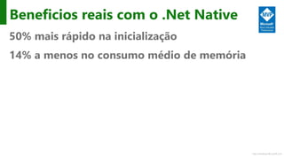 http://windows.Microsoft.com
Beneficios reais com o .Net Native
50% mais rápido na inicialização
14% a menos no consumo médio de memória
 
