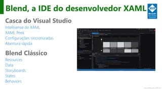 http://windows.Microsoft.com
Blend, a IDE do desenvolvedor XAML
Casca do Visual Studio
Intellisense de XAML
XAML Peek
Configurações sincronizadas
Abertura rápida
Blend Clássico
Resources
Data
Storyboards
States
Behaviors
 