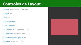 http://windows.Microsoft.com
Controles de Layout
<Border Thickness="" Brush="" />
<Canvas />
<Grid />
<RelativePanel />
<ScrollViewer />
<SplitView DisplayMode="" />
<StackPanel Orientation="" />
<VariableSizedWrapGrid />
<ViewBox Stretch="" />
 