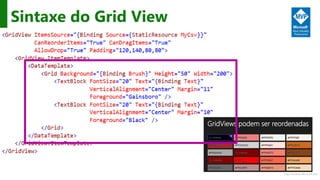 http://windows.Microsoft.com
Sintaxe do Grid View
GridViews podem ser reordenadas
 