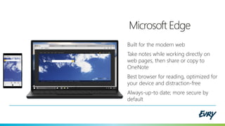 Microsoft Edge
Built for the modern web
Take notes while working directly on
web pages, then share or copy to
OneNote
Best browser for reading, optimized for
your device and distraction-free
Always-up-to date; more secure by
default
 