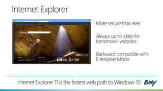 Internet Explorer
More secure than ever
Always up-to-date for
tomorrow’s websites
Backward compatible with
Enterprise Mode
Internet Explorer 11 is the fastest web path to Windows 10
 