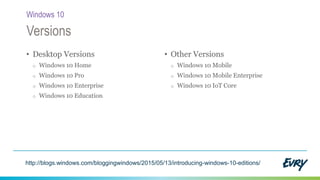 • Desktop Versions
o Windows 10 Home
o Windows 10 Pro
o Windows 10 Enterprise
o Windows 10 Education
• Other Versions
o Windows 10 Mobile
o Windows 10 Mobile Enterprise
o Windows 10 IoT Core
Versions
Windows 10
http://blogs.windows.com/bloggingwindows/2015/05/13/introducing-windows-10-editions/
 