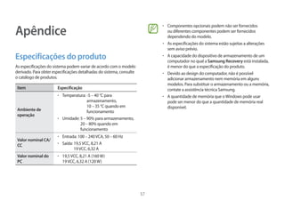 57
Apêndice
Especificações do produto
As especificações do sistema podem variar de acordo com o modelo
derivado. Para obter especificações detalhadas do sistema, consulte
o catálogo de produtos.
Item Especificação
Ambiente de
operação
• Temperatura: 
-5 – 40 °C para
armazenamento,
10 – 35 °C quando em
funcionamento
• Umidade: 
5 – 90% para armazenamento,
20 – 80% quando em
funcionamento
Valor nominal CA/
CC
• Entrada: 100 – 240VCA, 50 – 60 Hz
• Saída: 
19,5VCC, 8,21 A
19VCC, 6,32 A
Valor nominal do
PC
• 19,5VCC, 8,21 A (160W)
19VCC, 6,32 A (120W)
• Componentes opcionais podem não ser fornecidos
ou diferentes componentes podem ser fornecidos
dependendo do modelo.
• As especificações do sistema estão sujeitas a alterações
sem aviso prévio.
• A capacidade do dispositivo de armazenamento de um
computador no qual a Samsung Recovery está instalada,
é menor do que a especificação do produto.
• Devido ao design do computador, não é possível
adicionar armazenamento nem memória em alguns
modelos. Para substituir o armazenamento ou a memória,
contate a assistência técnica Samsung.
• A quantidade de memória que oWindows pode usar
pode ser menor do que a quantidade de memória real
disponível.
 