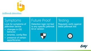 Jailbreak detection
Symptoms
Look for symptoms of
jailbroken device
 changes in OS
behavior
 binaries, config files
 presence of certain
apps/libraries
Future Proof
Detection logic not tied
to any specific jailbreak
kit or version
Testing
Regularly verify against
latest jailbreak kits
 