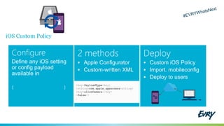 iOS Custom Policy
Configure
Define any iOS setting
or config payload
available in
[ Config Profile Reference]
2 methods
 Apple Configurator
 Custom-written XML
Deploy
 Custom iOS Policy
 Import. mobileconfig
 Deploy to users
<key>PayloadType<key>
<string>com.apple.appaccess<string>
<key>allowCamera</key>
<false/>
…
 
