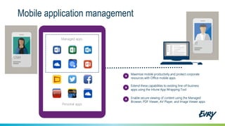 Mobile application management
Maximize mobile productivity and protect corporate
resources with Office mobile apps
Extend these capabilities to existing line-of-business
apps using the Intune App Wrapping Tool
Enable secure viewing of content using the Managed
Browser, PDF Viewer, AV Player, and Image Viewer apps
Managed apps
Personal apps
Managed apps
IT
User
 