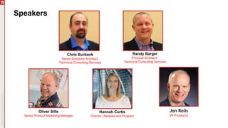 Speakers
Chris Burbank
Senior Solutions Architect,
Technical Consulting Services
Randy Barger
Principal Architect,
Technical Consulting Services
Hannah Curtis
Director, Release and Program
Oliver Sills
Senior Product Marketing Manager
Jon Rolls
VP Products
 