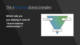 The «Karpman drama triangle»
Which role are
you playing in case of
"drama-intense
relationships"?
 