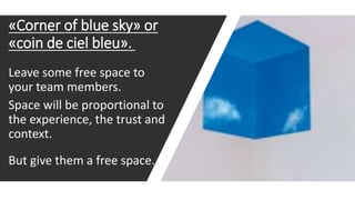 «Corner of blue sky» or
«coin de ciel bleu».
Leave some free space to
your team members.
Space will be proportional to
the experience, the trust and
context.
But give them a free space.
 