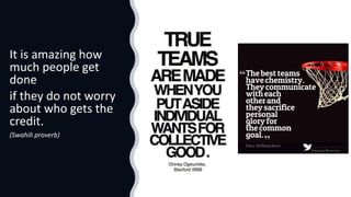 It is amazing how
much people get
done
if they do not worry
about who gets the
credit.
(Swahili proverb)
 