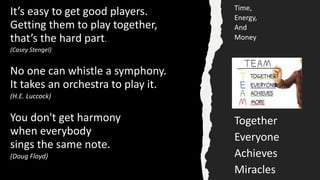 It’s easy to get good players.
Getting them to play together,
that’s the hard part.
(Casey Stengel)
No one can whistle a symphony.
It takes an orchestra to play it.
(H.E. Luccock)
You don't get harmony
when everybody
sings the same note.
(Doug Floyd)
Time,
Energy,
And
Money
Together
Everyone
Achieves
Miracles
 