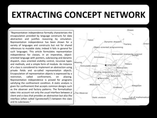 EXTRACTING CONCEPT NETWORK
“Representation independence formally characterizes the
encapsulation provided by language constructs for data
abstraction and justifies reasoning by simulation.
Representation independence has been shown for a
variety of languages and constructs but not for shared
references to mutable state; indeed it fails in general for
such languages. This article formulates representation
independence for classes, in an imperative, objectoriented language with pointers, subclassing and dynamic
dispatch, class oriented visibility control, recursive types
and methods, and a simple form of module. An instance
of a class is considered to implement an abstraction using
private fields and so-called representation objects.
Encapsulation of representation objects is expressed by a
restriction,
called
confinement,
on
aliasing.
Representation independence is proved for programs
satisfying the confinement condition. A static analysis is
given for confinement that accepts common designs such
as the observer and factory patterns. The formalization
takes into account not only the usual interface between a
client and a class that provides an abstraction but also the
interface (often called protected") between the class
and its subclasses."

 