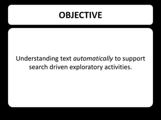 OBJECTIVE

Understanding text automatically to support
search driven exploratory activities.

 