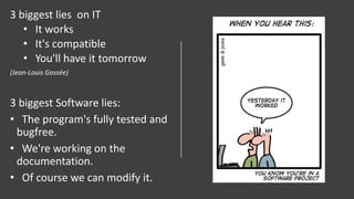 3 biggest lies on IT
• It works
• It's compatible
• You'll have it tomorrow
(Jean-Louis Gassée)
3 biggest Software lies:
• The program's fully tested and
bugfree.
• We're working on the
documentation.
• Of course we can modify it.
 