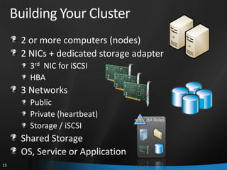 Building Your Cluster
      2 or more computers (nodes)
      2 NICs + dedicated storage adapter
        3rd NIC for iSCSI
        HBA
      3 Networks
        Public
        Private (heartbeat)
                                   HA Roles
        Storage / iSCSI
      Shared Storage
      OS, Service or Application
15
 