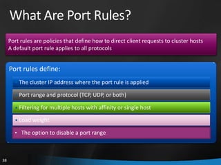 What Are Port Rules?
     Port rules are policies that define how to direct client requests to cluster hosts
     A default port rule applies to all protocols


     Port rules define:
       • The cluster IP address where the port rule is applied

       • Port range and protocol (TCP, UDP, or both)

       • Filtering for multiple hosts with affinity or single host

       • Load weight

       • The option to disable a port range



38
 