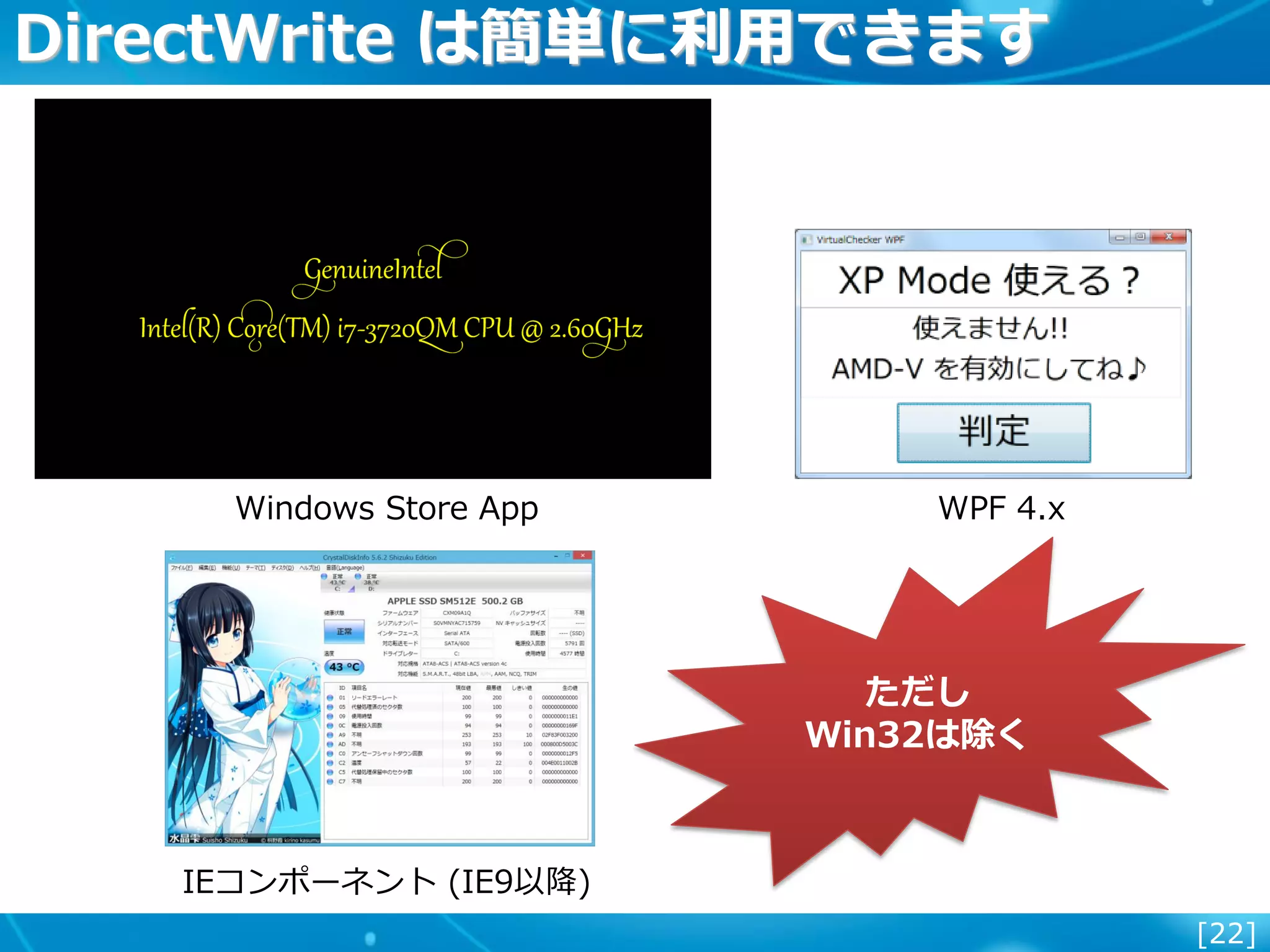 [22]
DirectWrite は簡単に利用できます
Windows Store App WPF 4.x
IEコンポーネント (IE9以降)
ただし
Win32は除く
 
