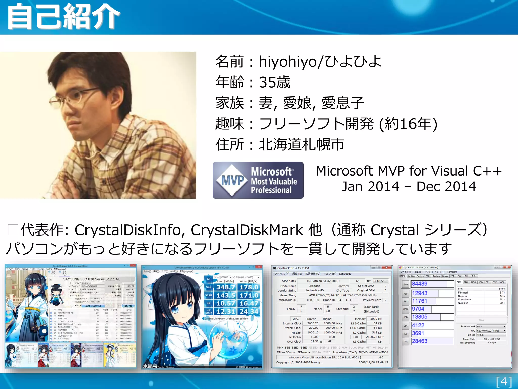 [4]
自己紹介
名前：hiyohiyo/ひよひよ
年齢：35歳
家族：妻, 愛娘, 愛息子
趣味：フリーソフト開発 (約16年)
住所：北海道札幌市
□代表作: CrystalDiskInfo, CrystalDiskMark 他（通称 Crystal シリーズ）
パソコンがもっと好きになるフリーソフトを一貫して開発しています
Microsoft MVP for Visual C++
Jan 2014 – Dec 2014
 
