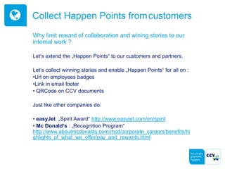 Collect Happen Points fromcustomers
Why limit reward of collaboration and wining stories to our
internal work ?
Let‘s extend the „Happen Points“ to our customers and partners.
Let‘s collect winning stories and enable „Happen Points“ for all on :
•Url on employees badges
•Link in email footer
• QRCode on CCV documents
Just like other companies do:
• easyJet „Spirit Award“ http://www.easyjet.com/en/spirit
• Mc Donald‘s : „Recognition Program“
http://www.aboutmcdonalds.com/mcd/corporate_careers/benefits/hi
ghlights_of_what_we_offer/pay_and_rewards.html
 