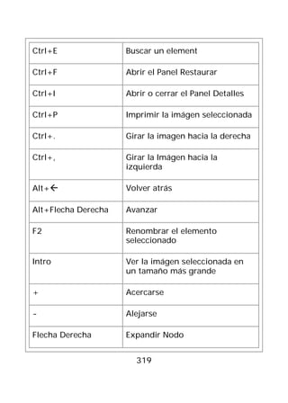 Ctrl+E               Buscar un element

Ctrl+F               Abrir el Panel Restaurar

Ctrl+I               Abrir o cerrar el Panel Detalles

Ctrl+P               Imprimir la imágen seleccionada

Ctrl+.               Girar la imagen hacia la derecha

Ctrl+,               Girar la Imágen hacia la
                     izquierda

Alt+                Volver atrás

Alt+Flecha Derecha   Avanzar

F2                   Renombrar el elemento
                     seleccionado

Intro                Ver la imágen seleccionada en
                     un tamaño más grande

+                    Acercarse

-                    Alejarse

Flecha Derecha       Expandir Nodo


                       319
 
