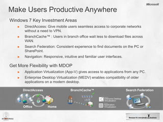 Windows 7 for the EnterpriseManage risks through enhanced  security and controlReduce costs by streamlining PC managementMake peopleproductive anywhereEasy migration 