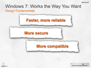 Windows 7: Works the Way You WantMore SecureKeeps your data saferBitLocker™ and BitLocker To Go™Better security control29% fewer UAC promptsInternet Explorer® 8          (Keeps you safer online)Malware and phishing protection“For enterprises, which typically have most to lose when data escapes on a stolen or lost flash drive, BitLocker To Go is a killer feature.”—Adrian Kingsley-Hughes, ZDNet“If you haven’t yet given Internet Explorer a look recently – you Firefox-using browser snob, you – you should at least look at Internet Explorer 8. It’s a better browser than ever.”—Paul Thurrott, Windows IT Pro
